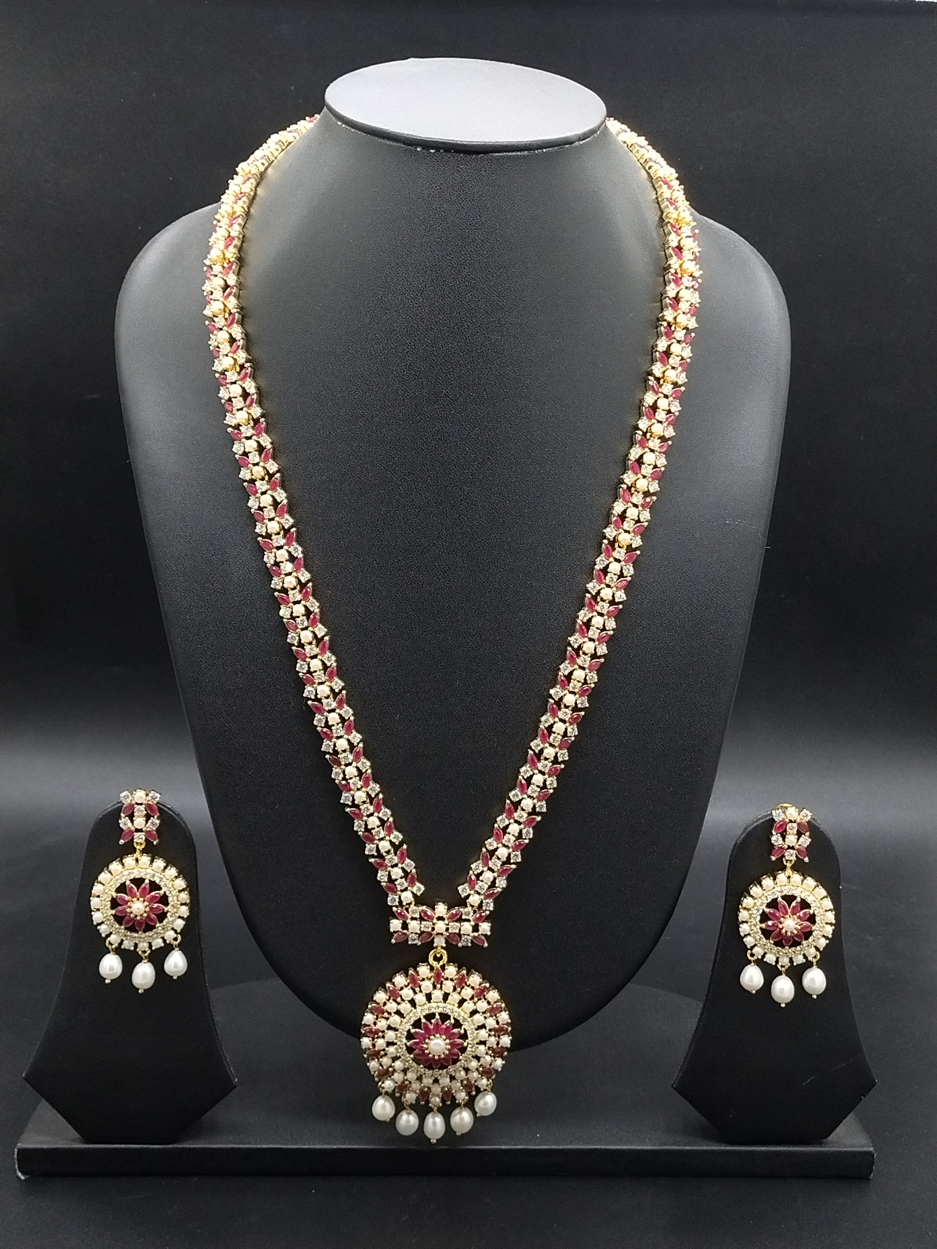 freshwater pearl long haram set with floral red and white stone medallion pendant