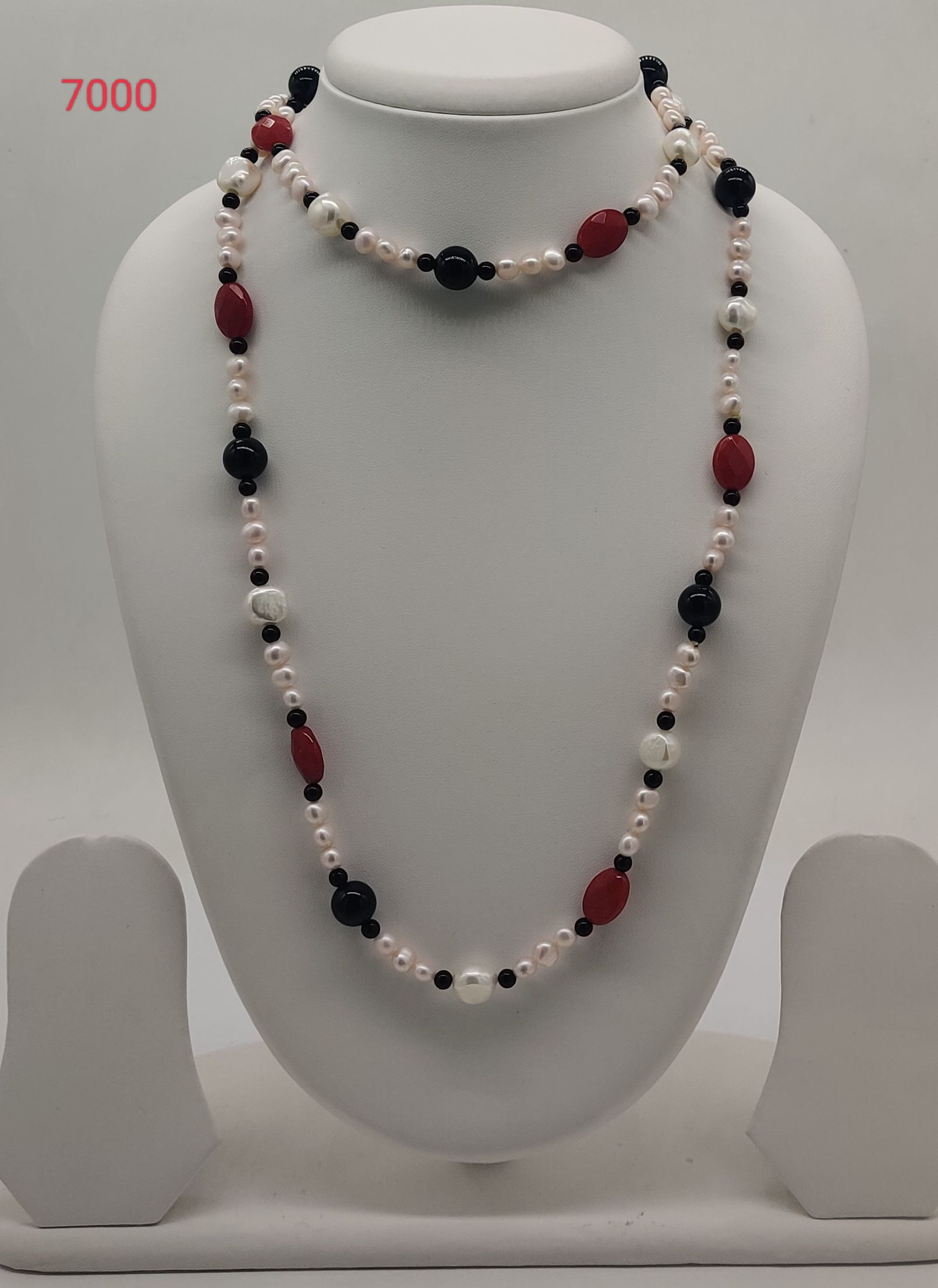 freshwater pearl necklace with white pearls red and black stones in fusion design