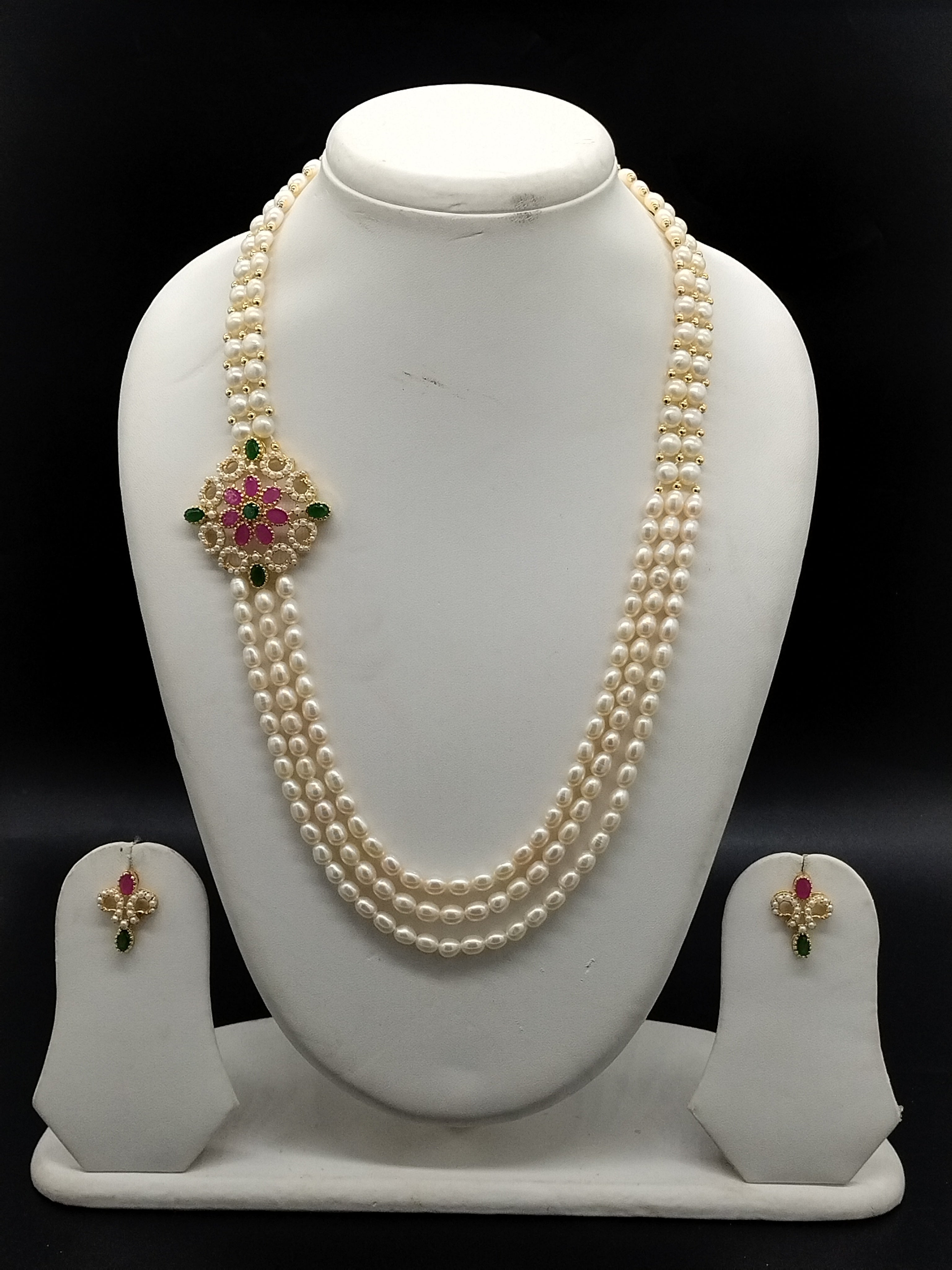 White freshwater pearl side brooch necklace set with pink and green floral stone design