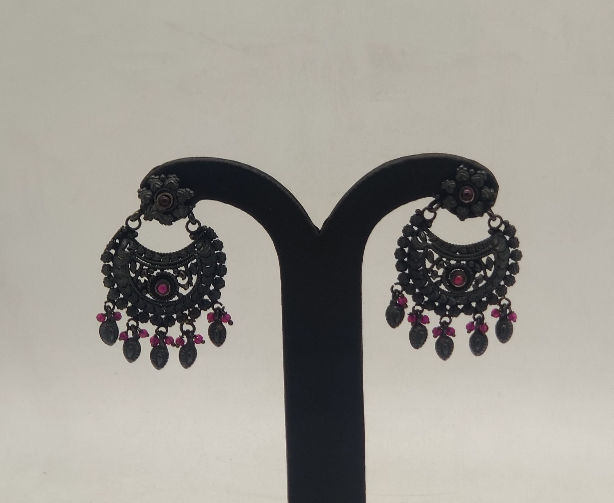 gulab crescent oxidized silver jhumka earrings with floral stud and bead danglers