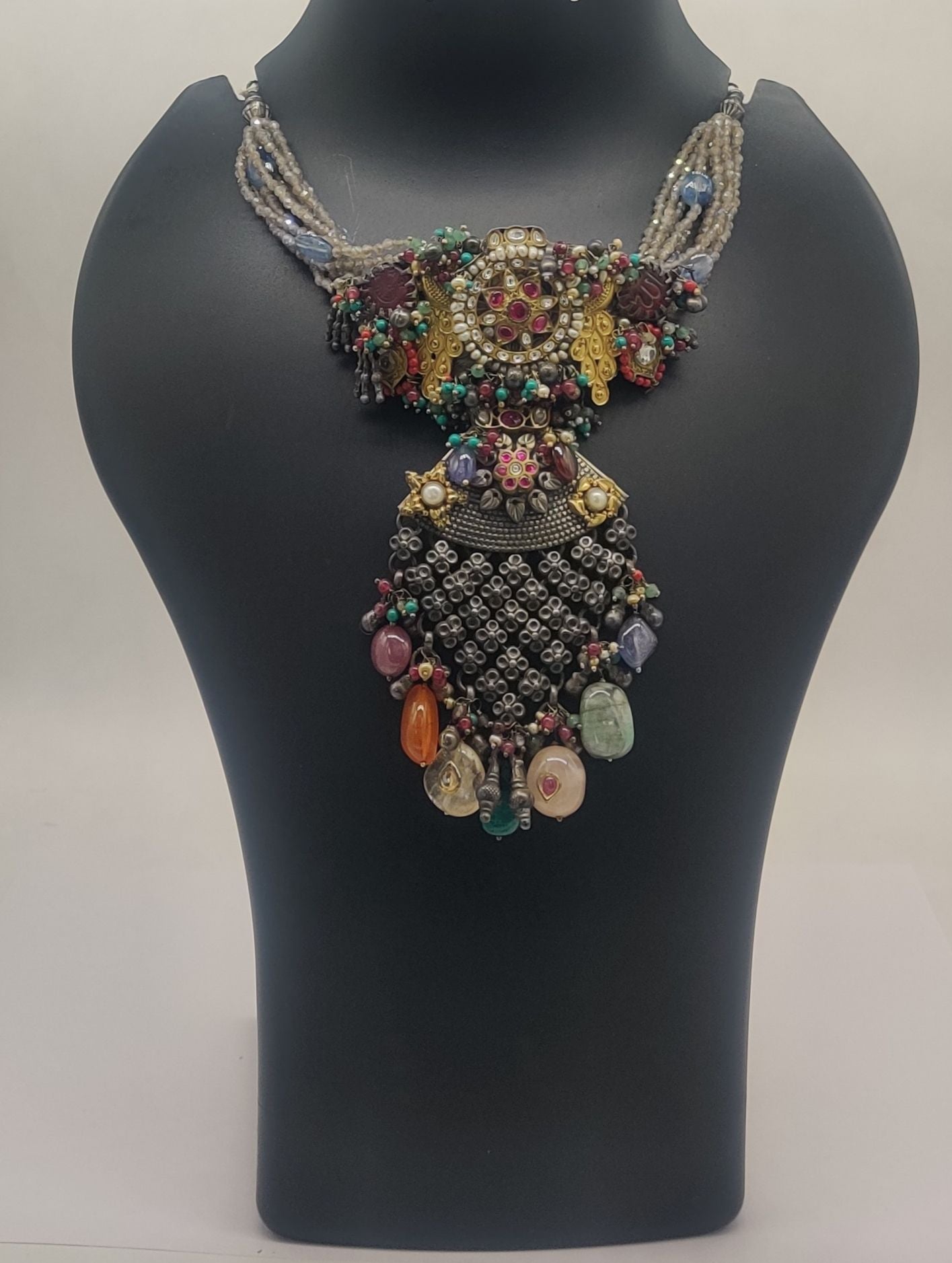 heritage opulence oxidized silver necklace with multicolor gemstone pendant and layered beads