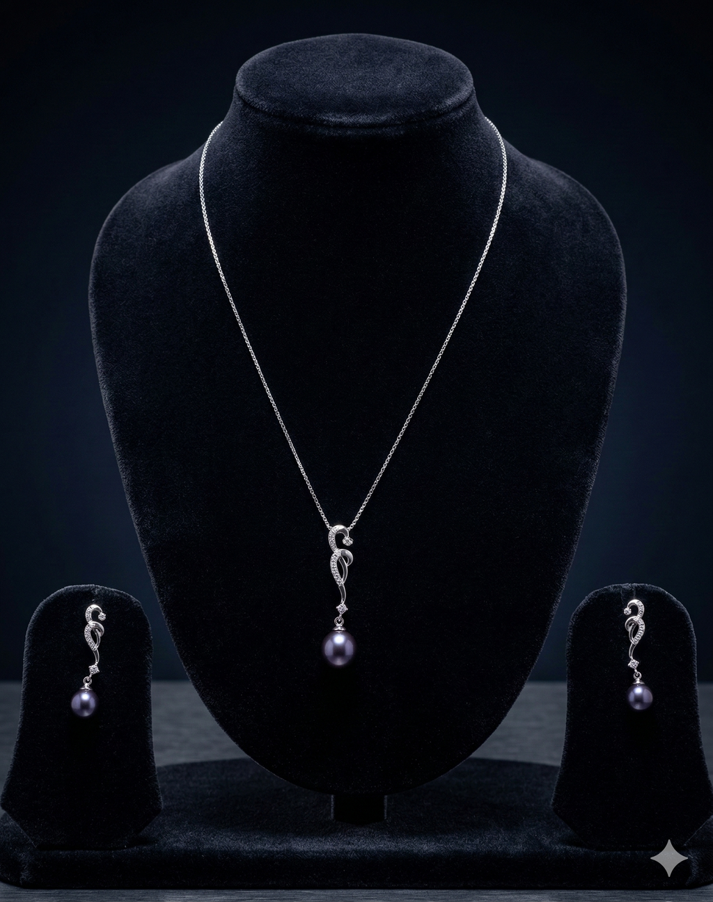 ink drop elegance 925 silver pendant set with abstract silver design and dark pearl drop