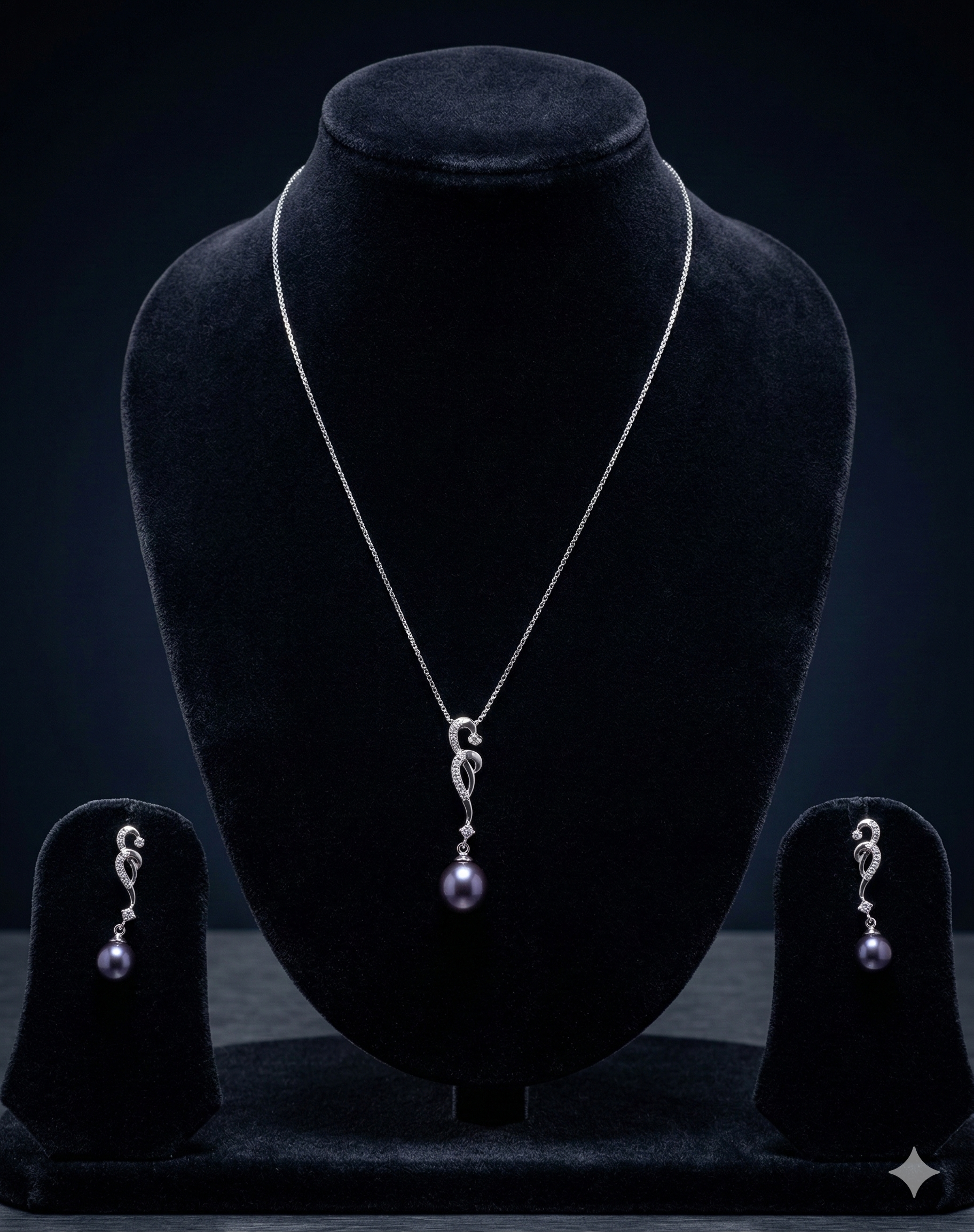 ink drop elegance 925 silver pendant set with abstract silver design and dark pearl drop