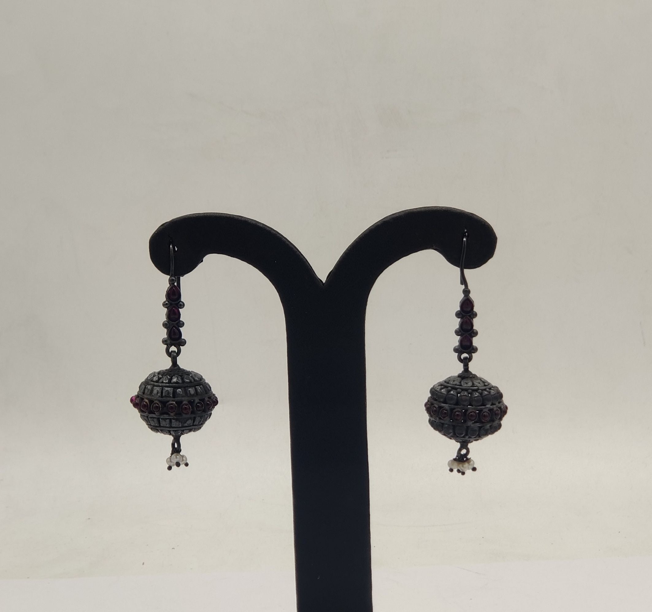 lal bindu baali oxidized silver earrings with red stone beads and pearl drops