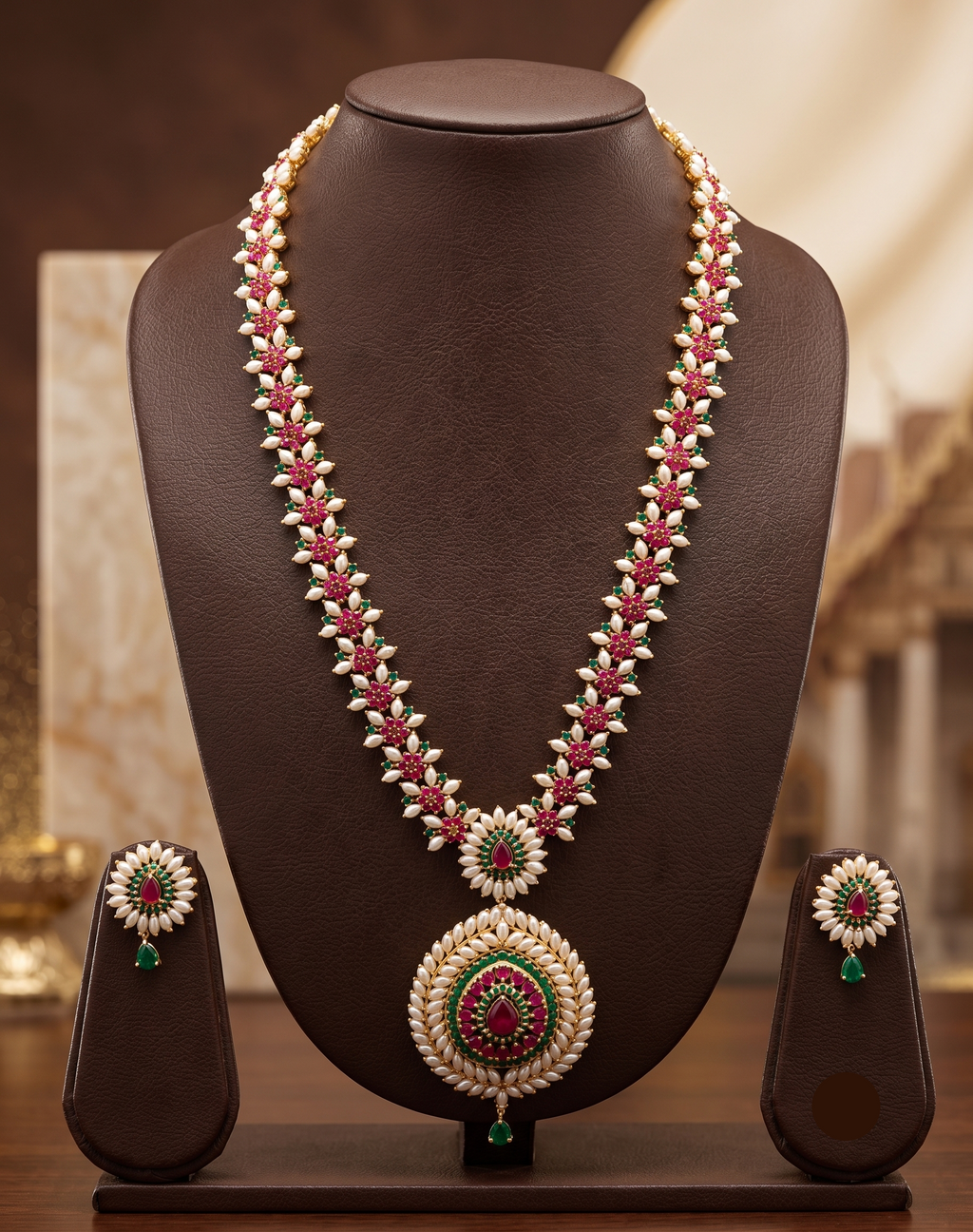long-pearl-haar-ruby-emerald-floral-medallion-set1