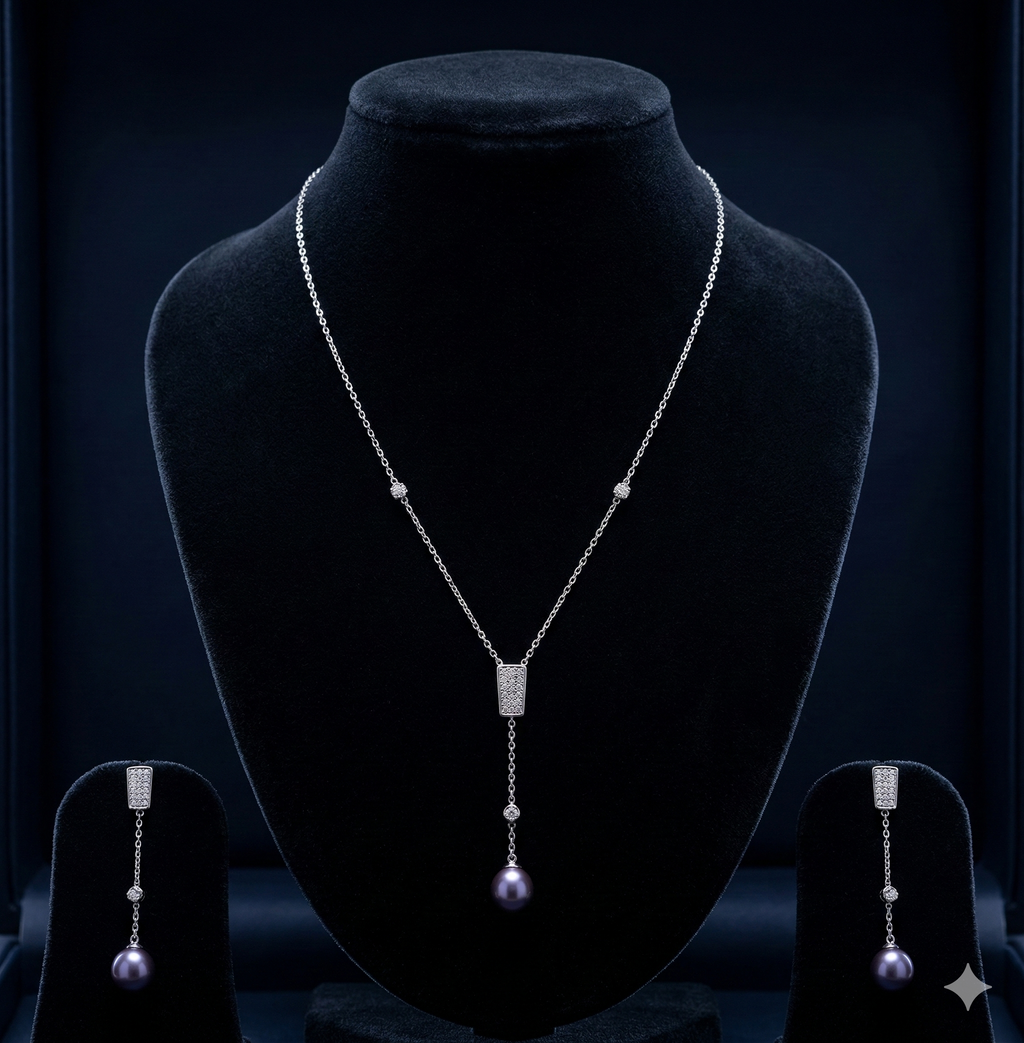 noir deco pearl 925 silver chain with dark pearls and geometric design