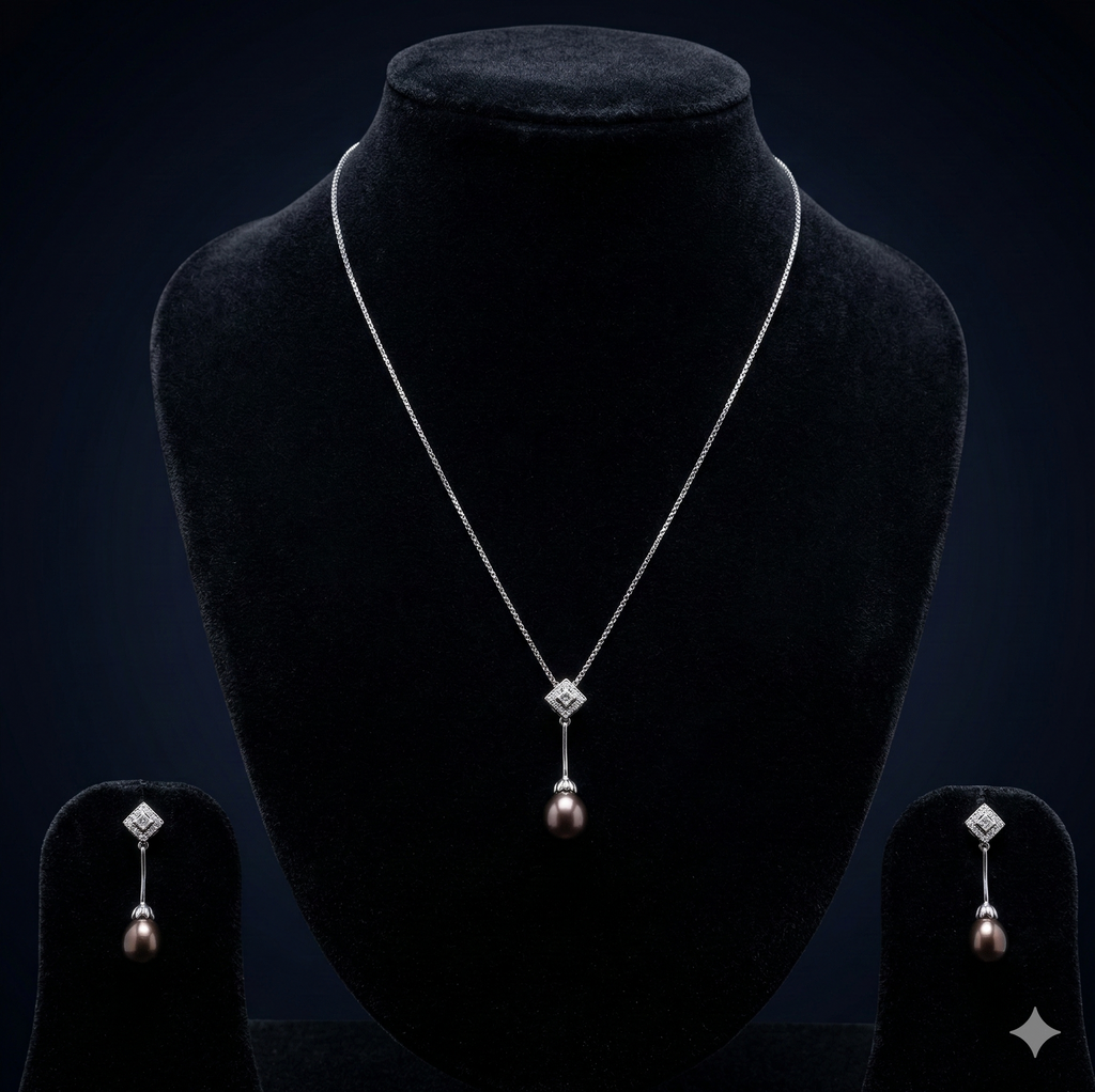 noir pearl drop elegance 925 silver chain with dark pearl drops and square accents