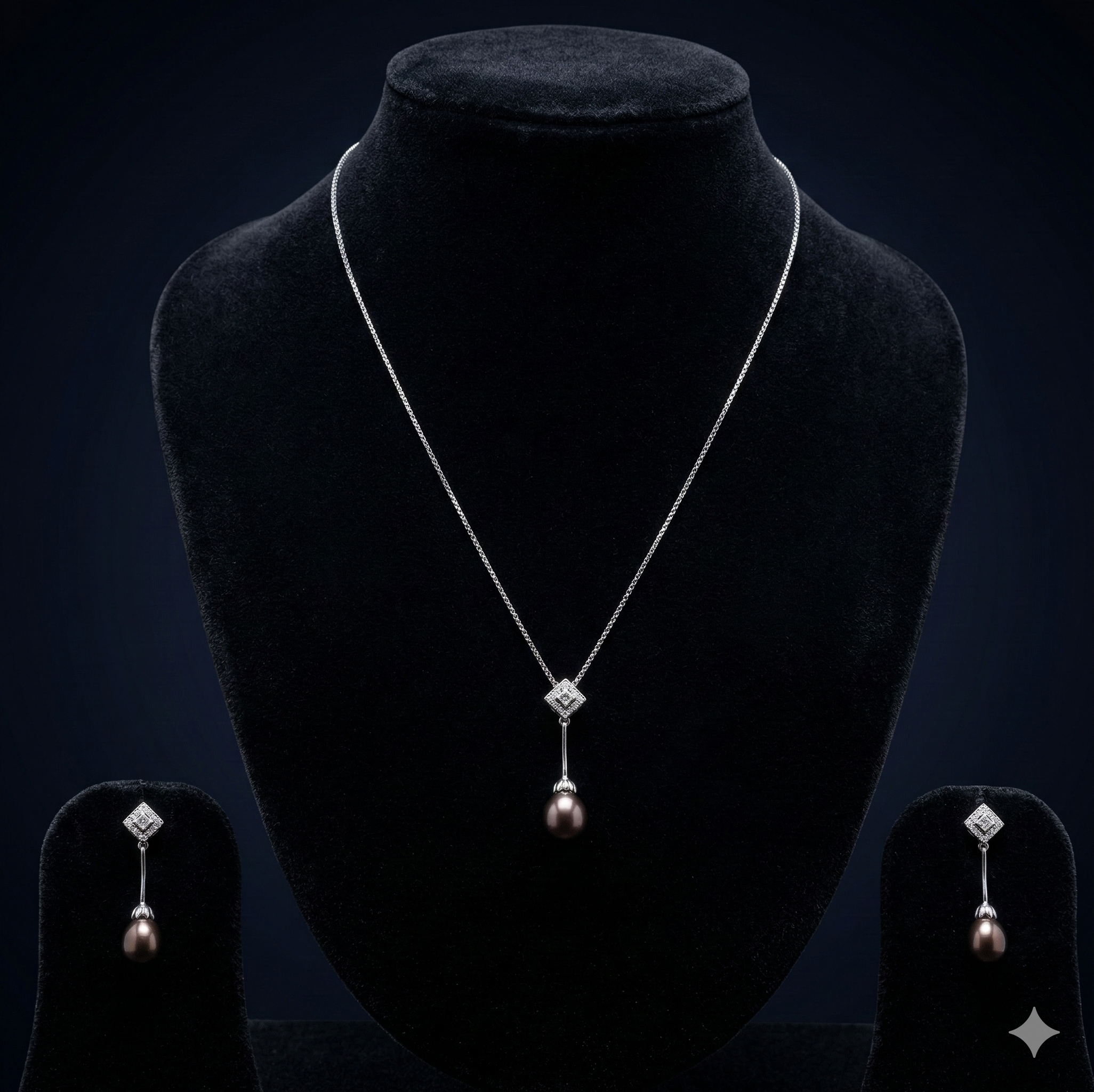noir pearl drop elegance 925 silver chain with dark pearl drops and square accents