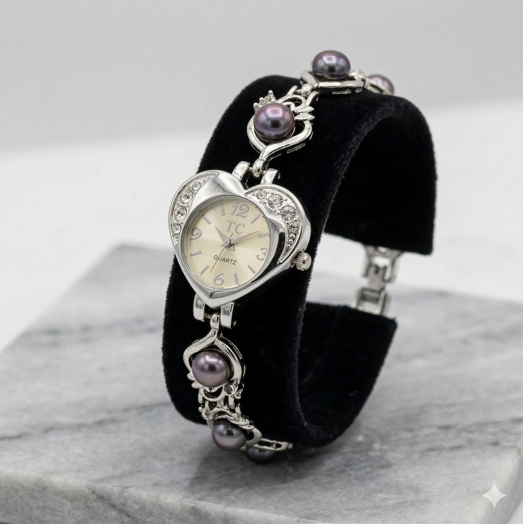 pearl bracelet heart dial watch for women with crystal detailing