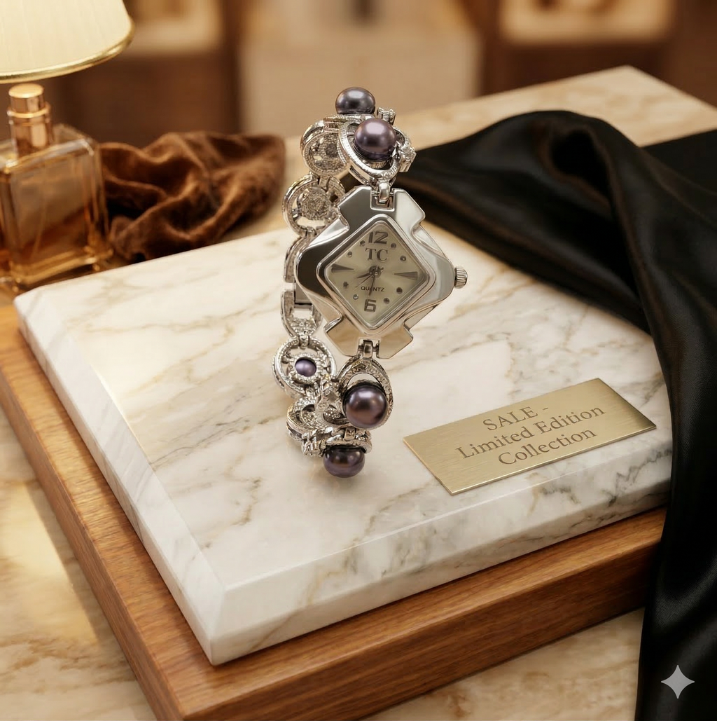 pearl bracelet watch for women with diamond shaped dial