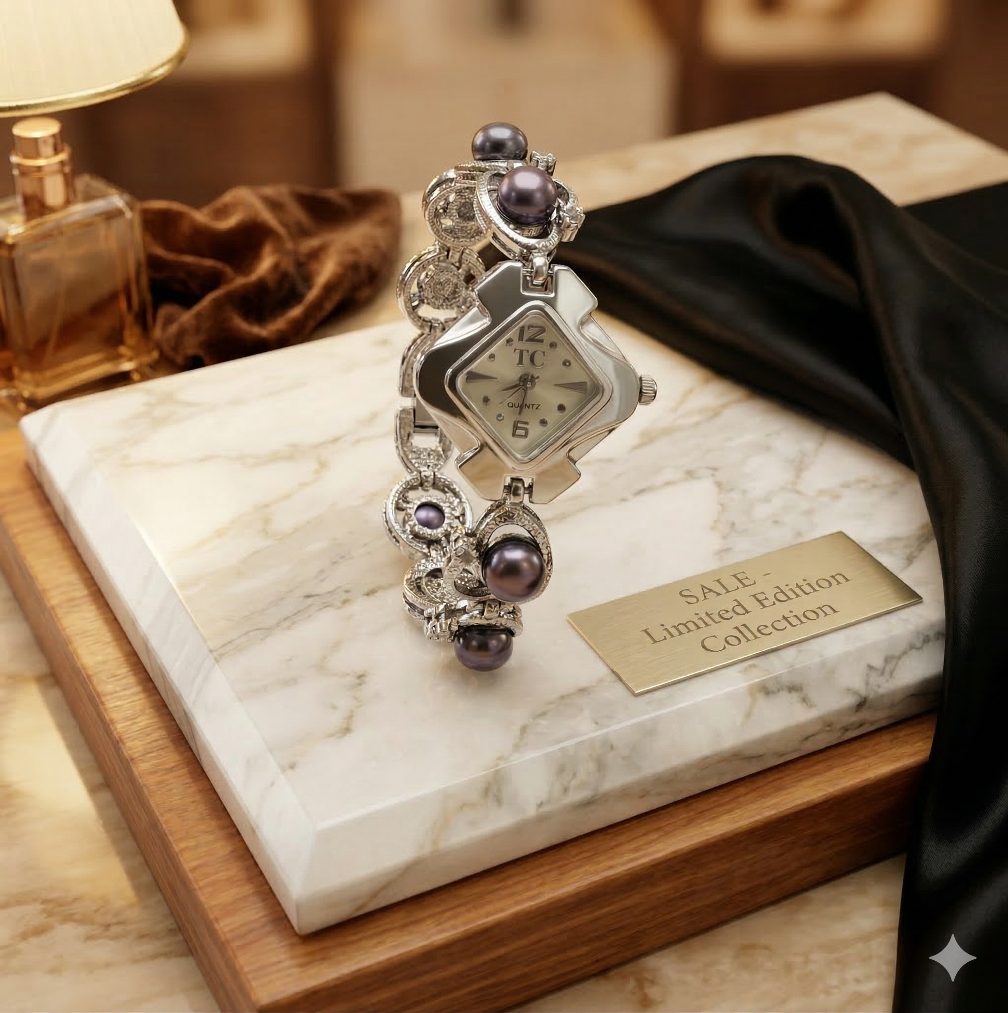 pearl bracelet watch for women with diamond shaped dial