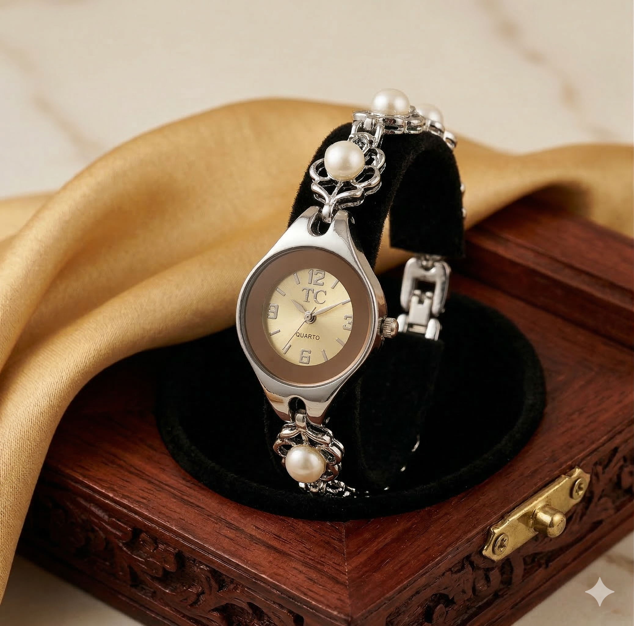 pearl bracelet watch for women with oval dial