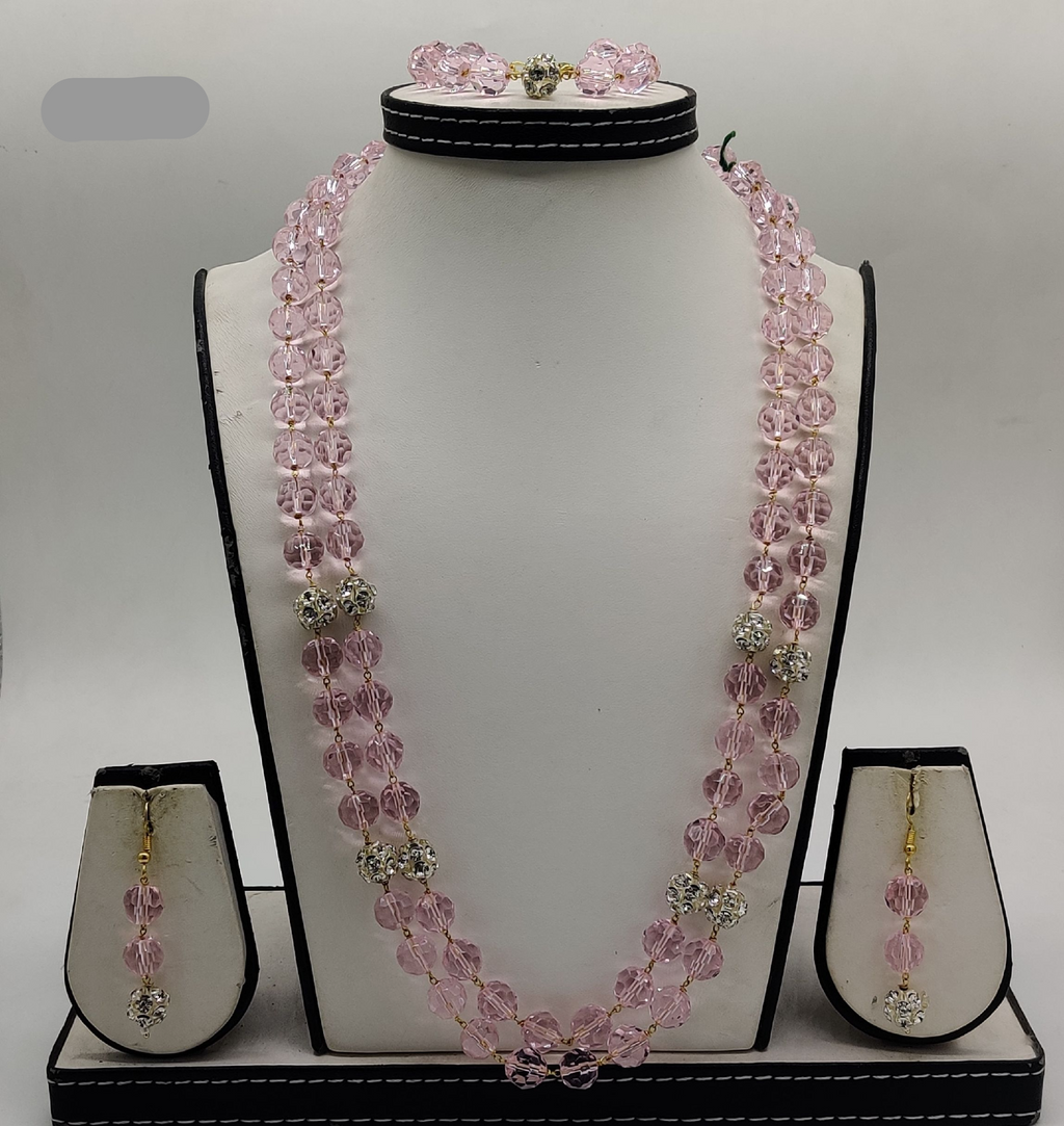 pink sparkle jewellery set with double strand necklace earrings and bracelet with pink beads