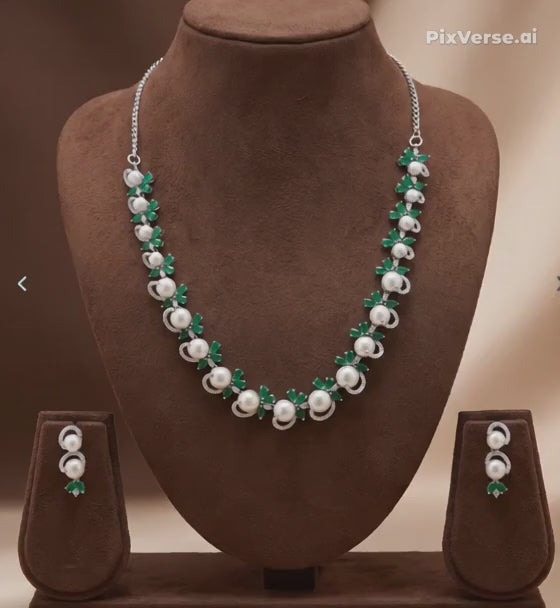 White Pearl Necklace Set  – Elegant Green Stone CZ Jewellery