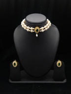 2-Line White Pearl Choker Set with Green Stone Medallion4