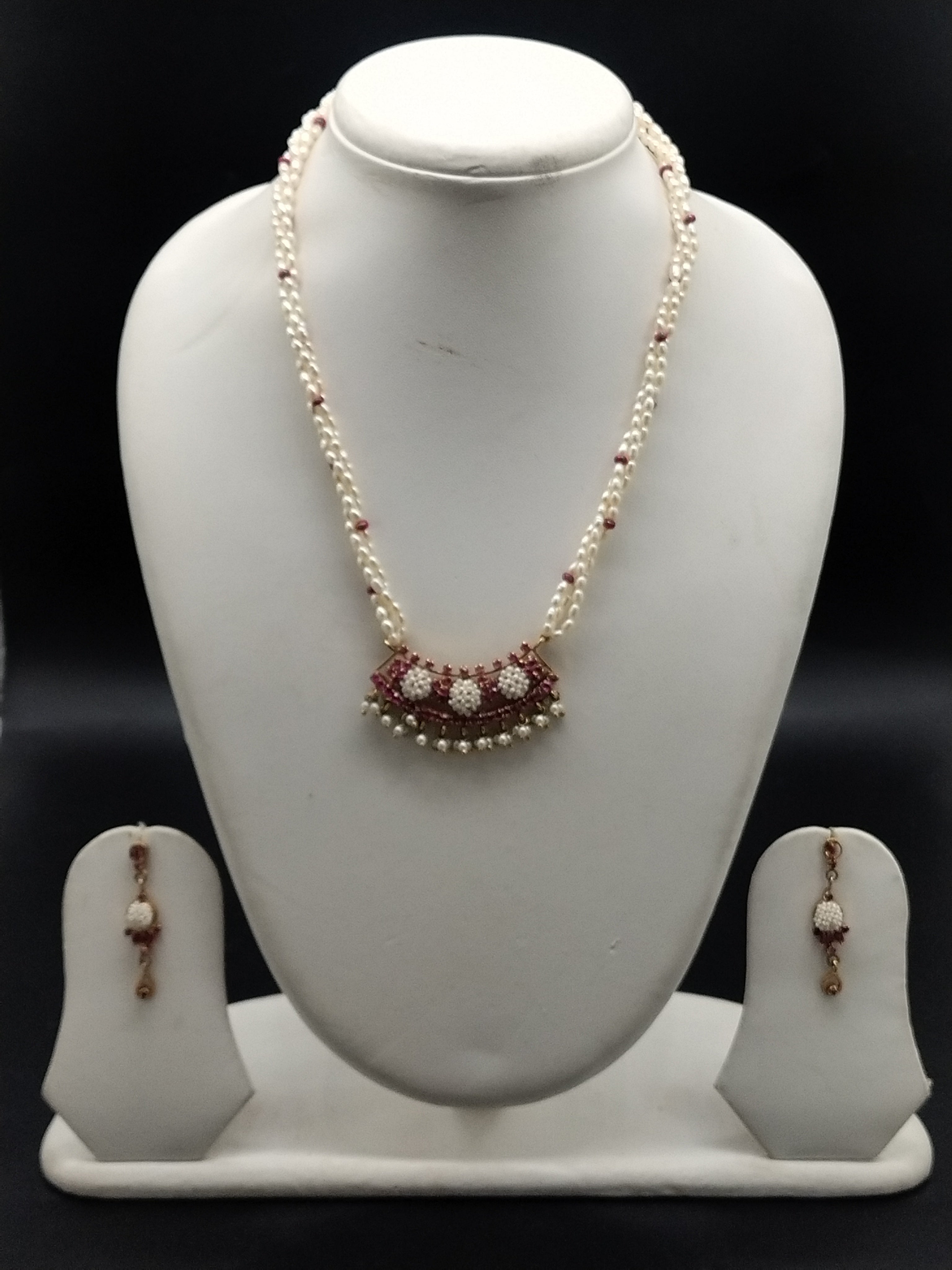Classic Triple-Strand White Rice Pearl Necklace with Pendant Set
