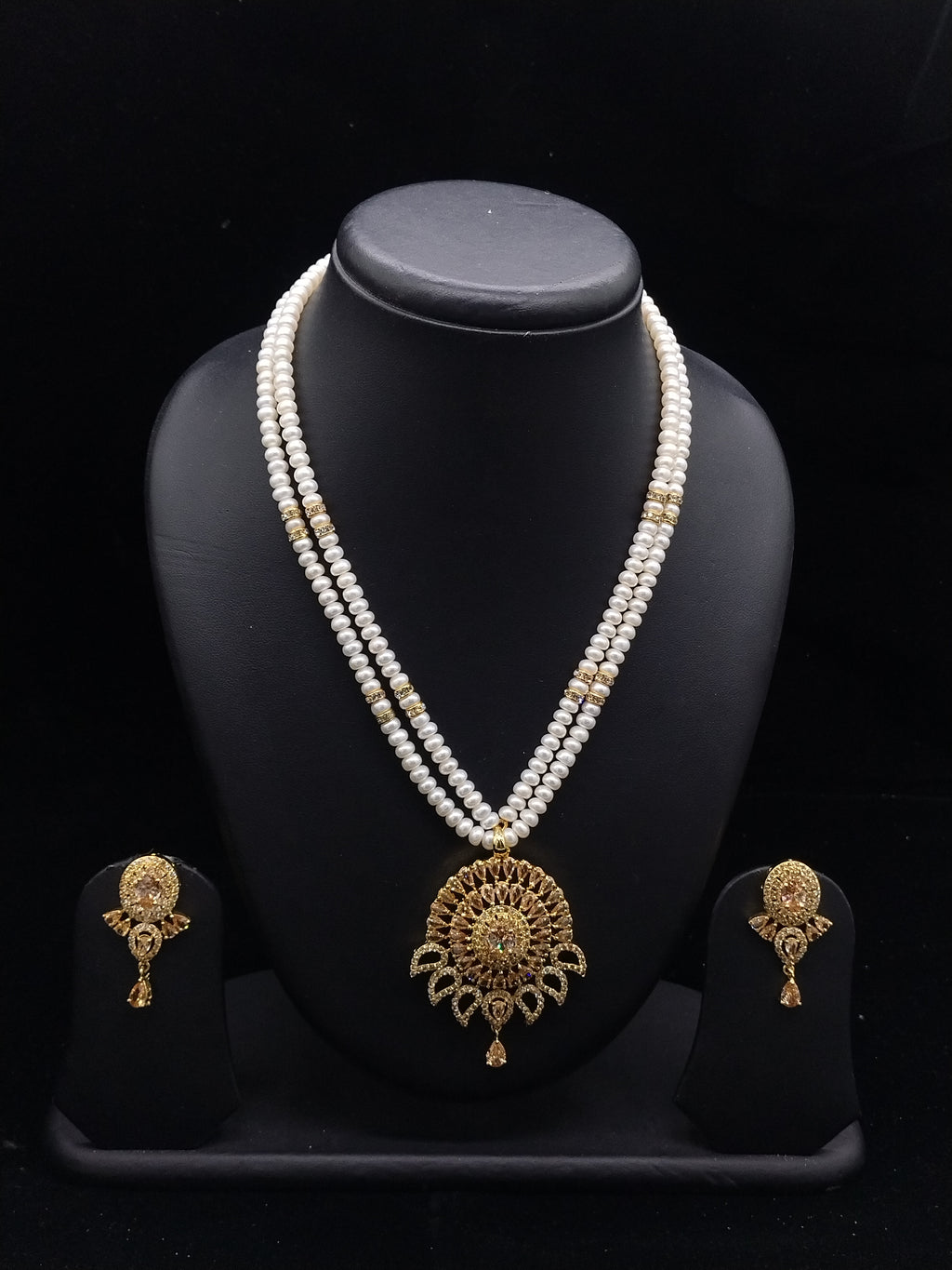 Majestic Golden Radiance: 2-Row Flat Pearl Necklace with Matching Drop Earrings
