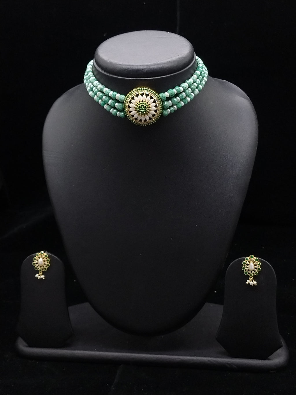 Royal Heritage 3-Line Green Beads & White Pearl Choker with Circular Floral Pendant
