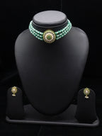 Royal Heritage 3-Line Green Beads & White Pearl Choker with Circular Floral Pendant