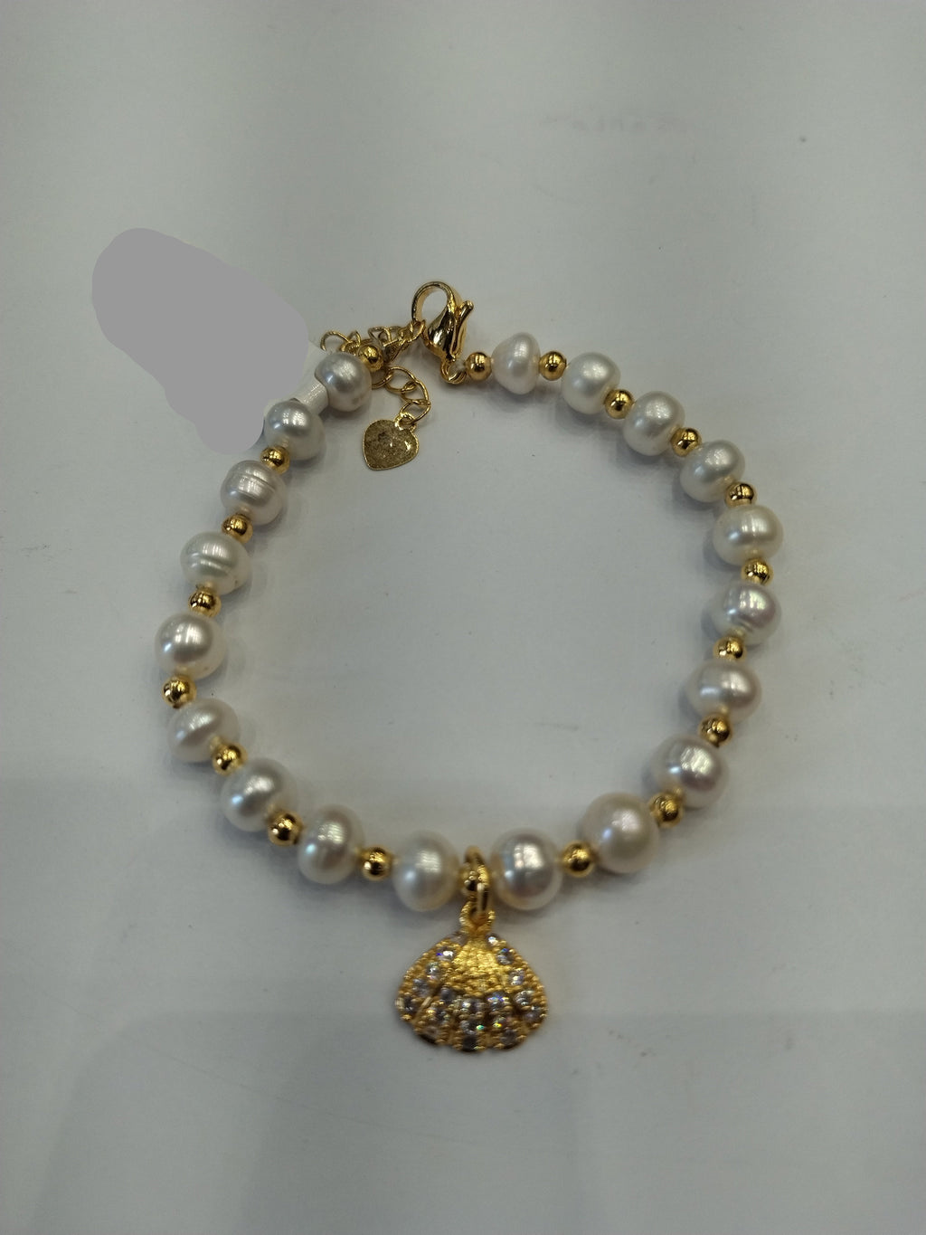 Oval White Freshwater Pearl Gold-Tone Shell Charm Bracelet