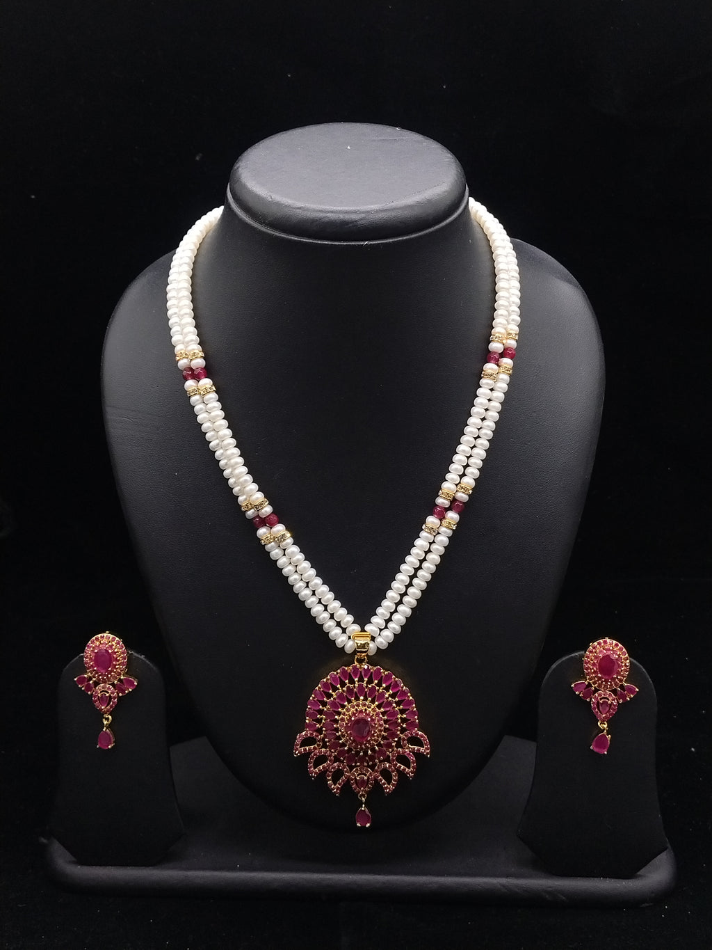 Majestic Ruby Radiance: 2-Row Flat Pearl Necklace with Matching Drop Earrings