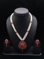 Majestic Ruby Radiance: 2-Row Flat Pearl Necklace with Matching Drop Earrings