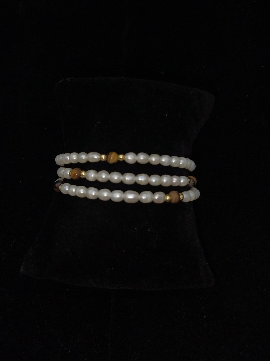 BraceletOval White Pearl 3-Layer Coil Wrap Bracelet with Brown Beads and Gold-Tone Accents