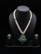 The Turquoise Arch: 2-Line Flat Pearl Necklace with Turquoise Stone Medallion Set