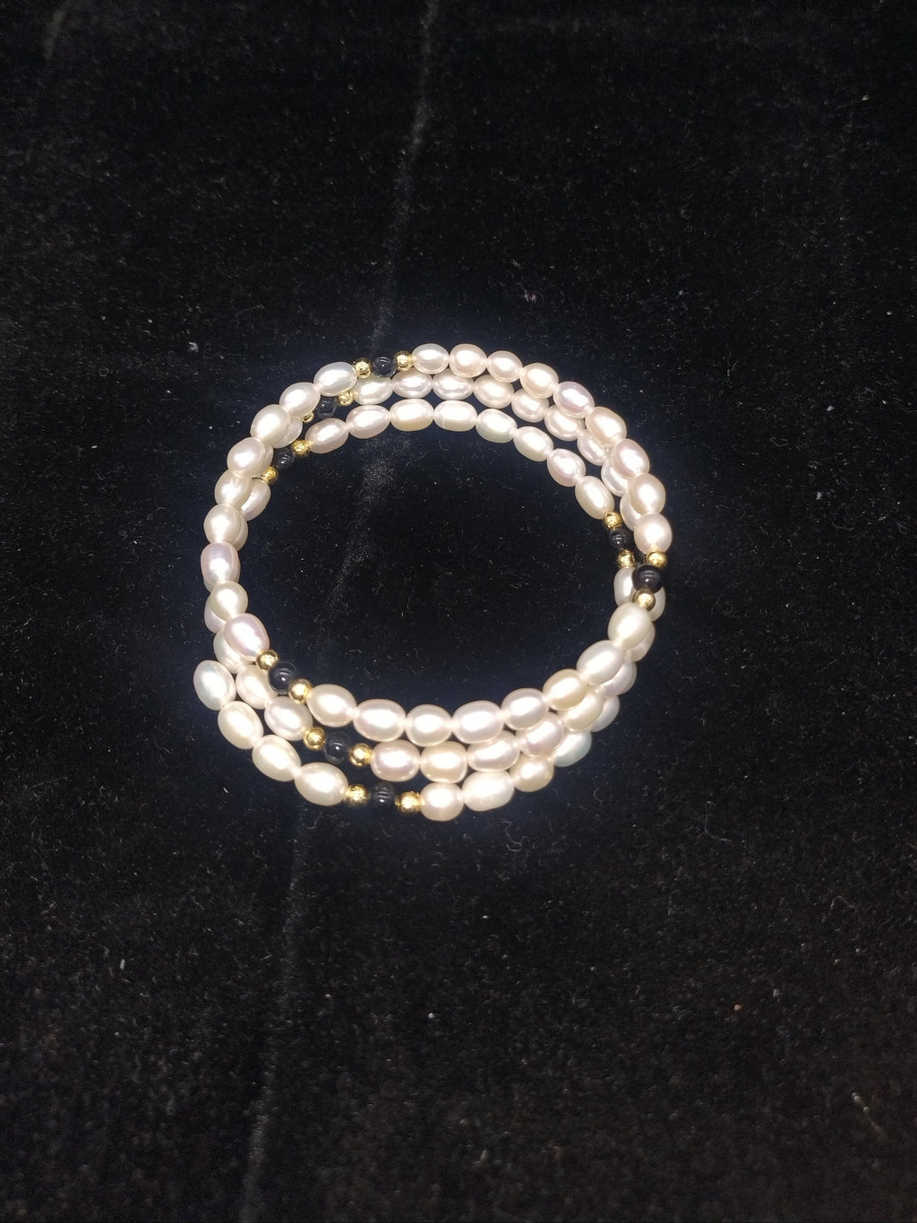 Oval White Pearl 3-Layer Coil Wrap Bracelet with Black Beads and Gold-Tone Accents