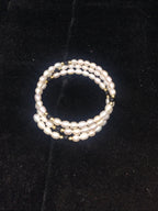 Oval White Pearl 3-Layer Coil Wrap Bracelet with Black Beads and Gold-Tone Accents