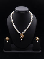 White Button Pearl Necklace Set with Circular Openwork Pendant & Earrings