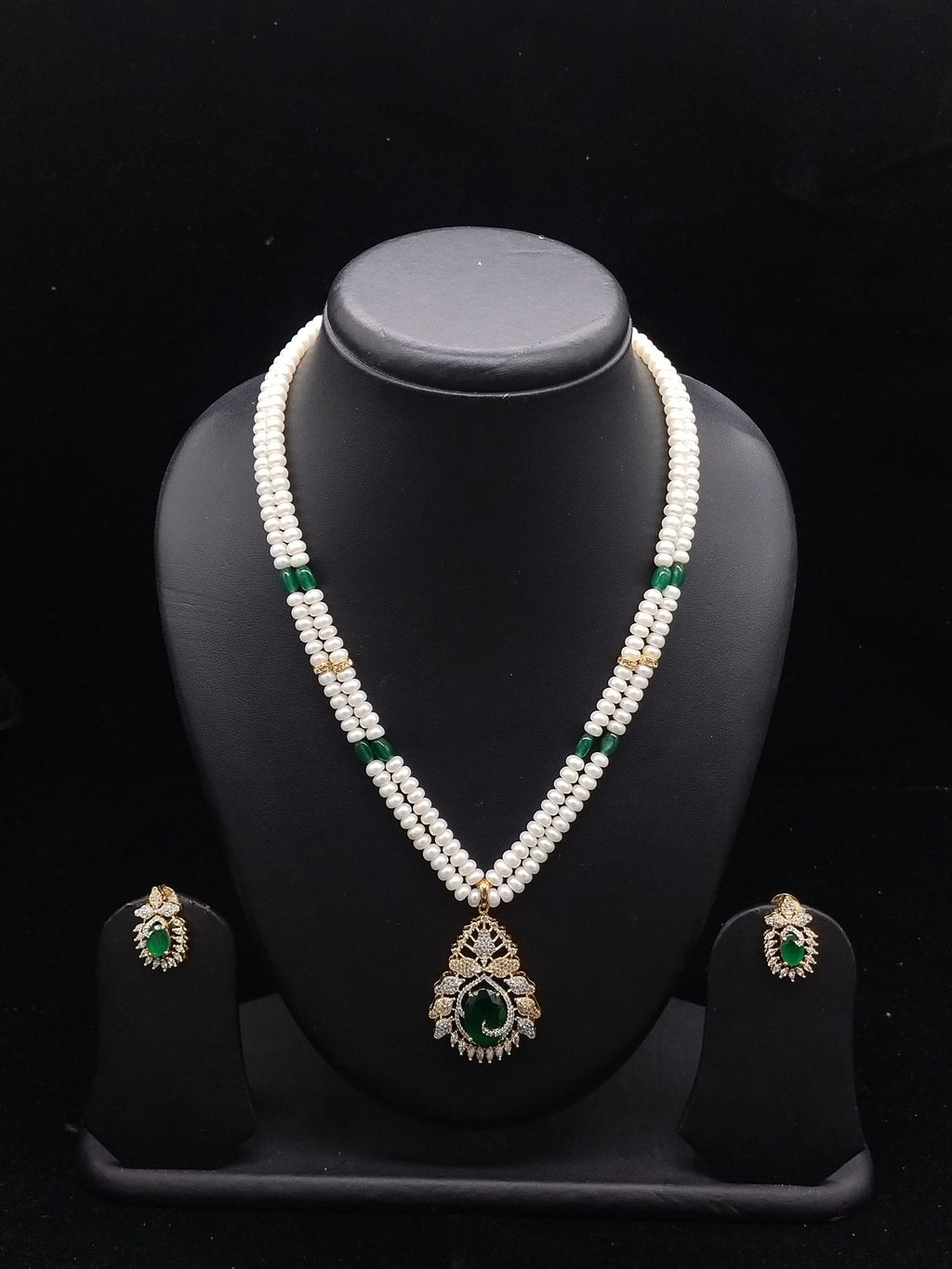 The Emerald Tear: 2-Line Flat Pearl Necklace with Green Stone Pendant Set