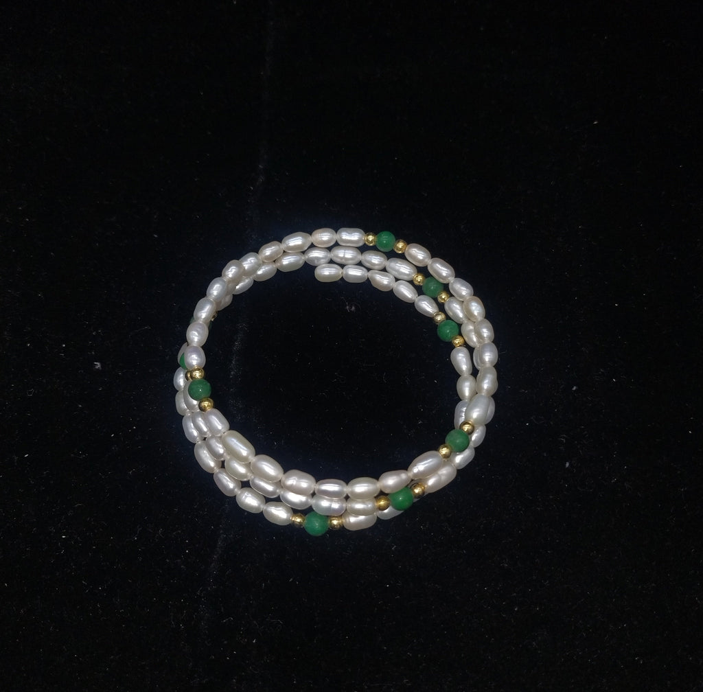 Oval White Pearl 3-Layer Coil Wrap Bracelet with Green Beads and Gold-Tone Accents