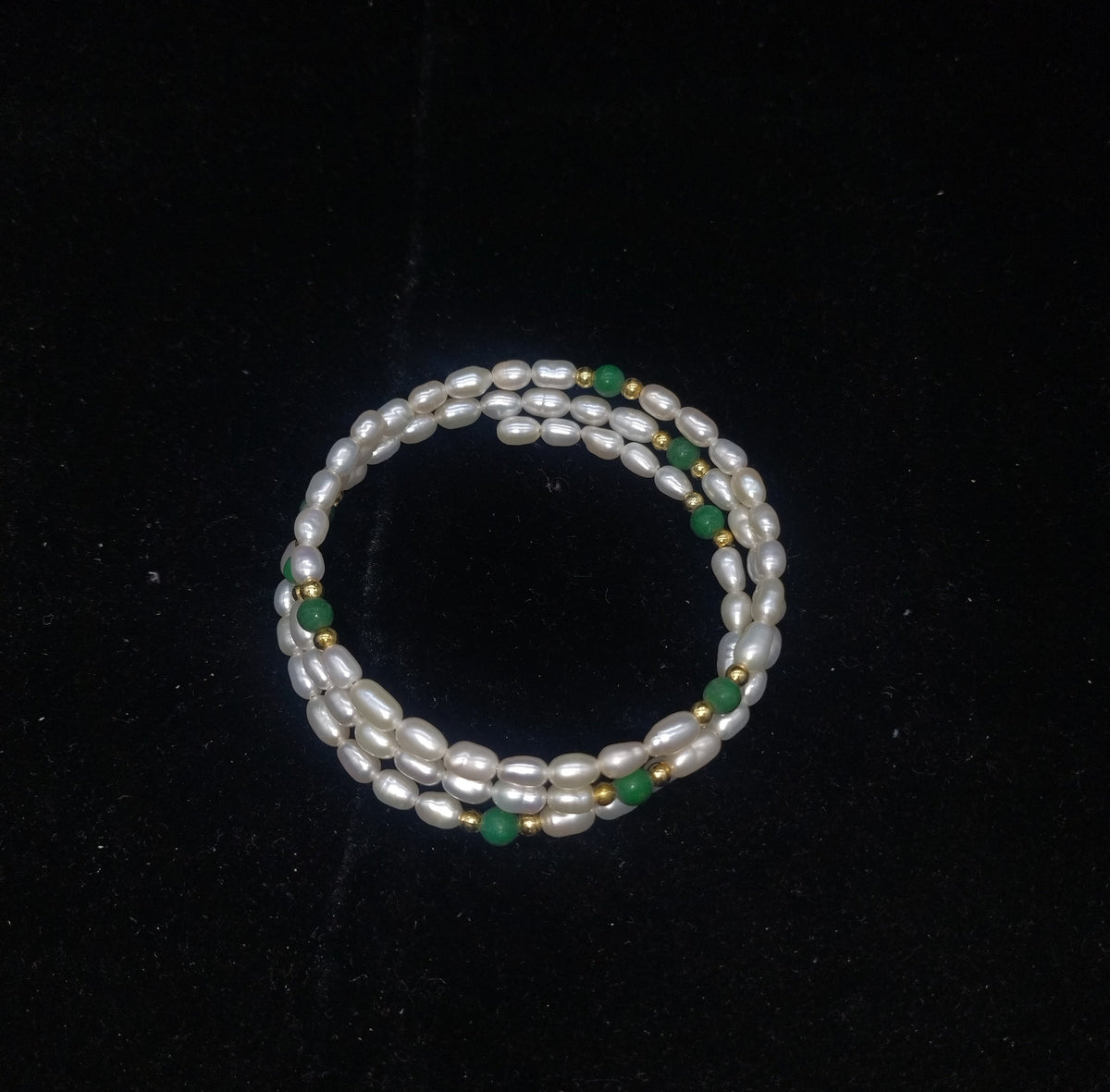 Oval White Pearl 3-Layer Coil Wrap Bracelet with Green Beads and Gold-Tone Accents