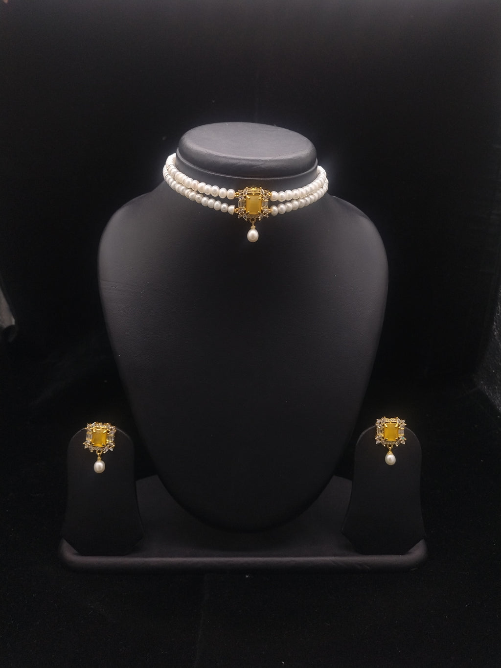 The Golden Citrine: 2-Line Flat Pearl & Yellow Stone Choker Set