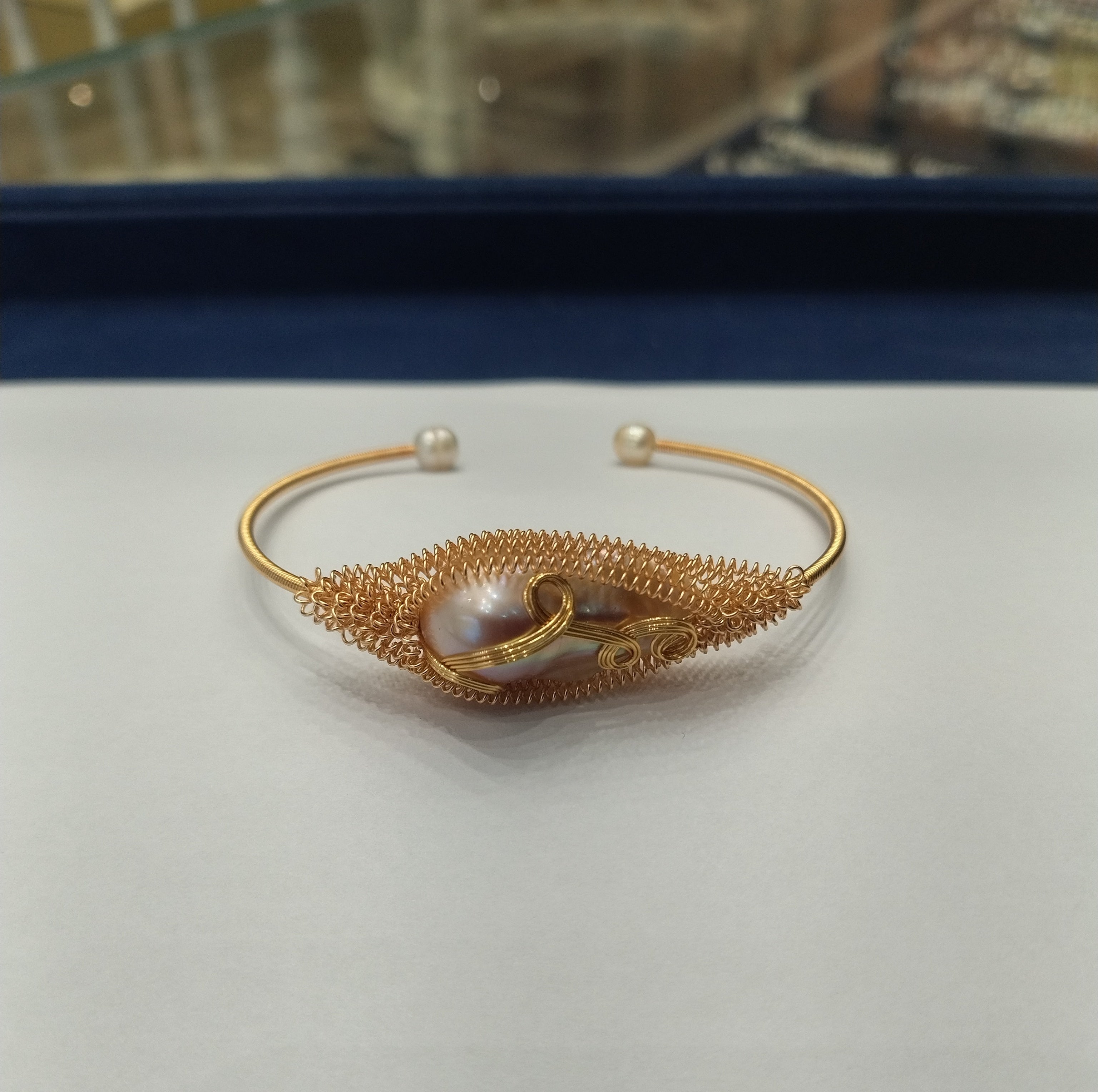 Baroque Pearl Cocoon Wire-Wrapped Gold Tone Open Cuff Bracelet
