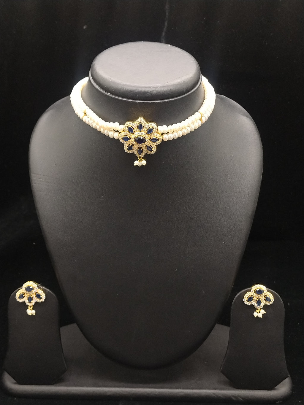 The Sapphire Blossom: 2-Line Flat Pearl & Blue Stone Choker Set