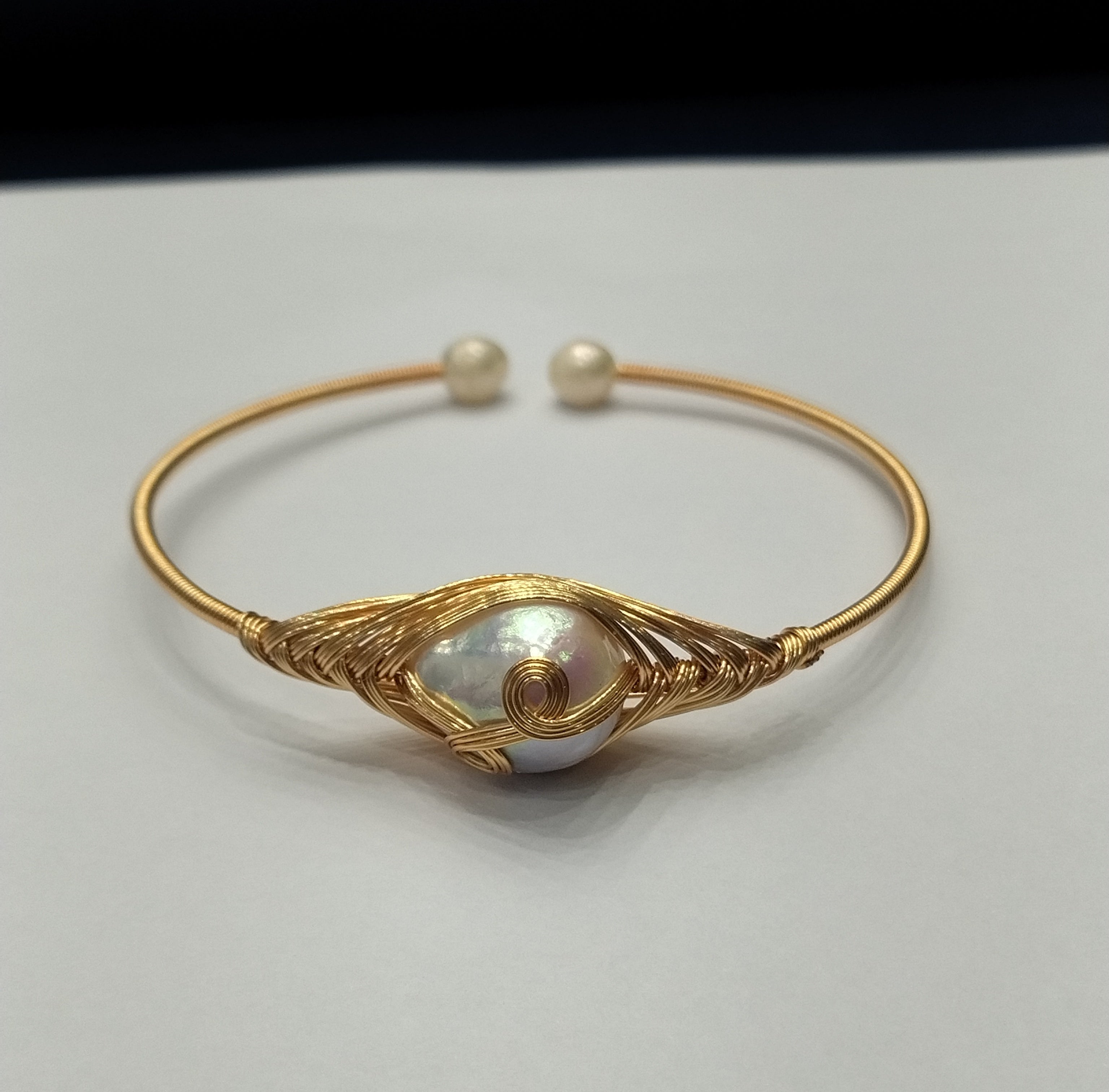 Handcrafted Wire-Wrapped Baroque Pearl Gold Tone Cuff Bracelet