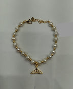 Oval White Freshwater Pearl Gold-Tone Charm Bracelet