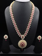 Royal Heritage Rice Pearl Long Necklace with Ruby-Red & White Stone Garland Set
