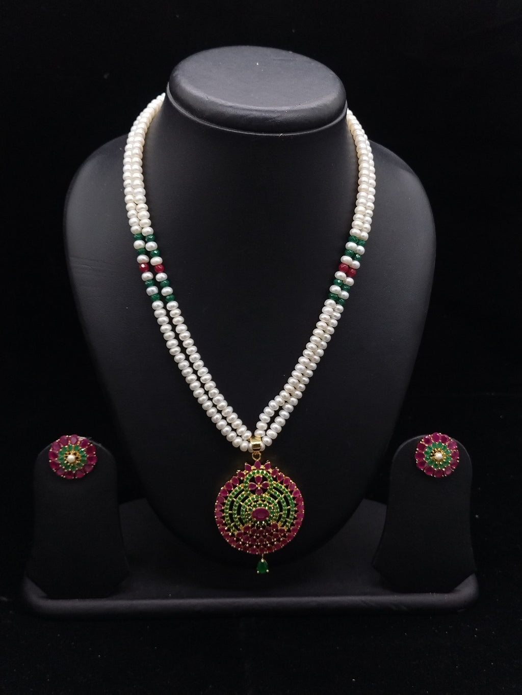 The Kemp Peacock Mandala: 2-Line Flat Pearl Necklace with Ruby & Emerald Medallion Set
