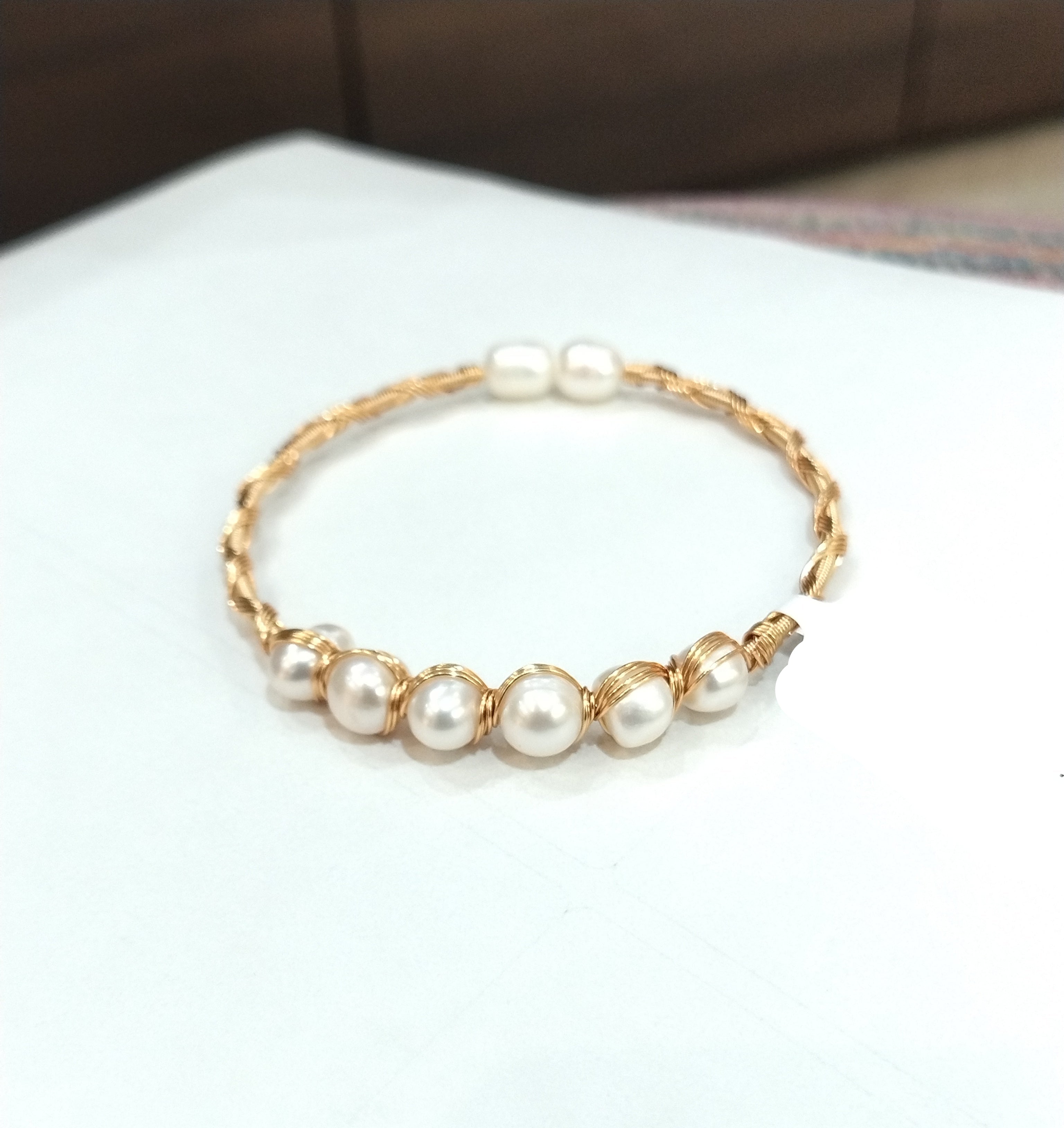 Handcrafted Gold Tone Wire-Wrapped White Pearl Open-Cuff Bracelet