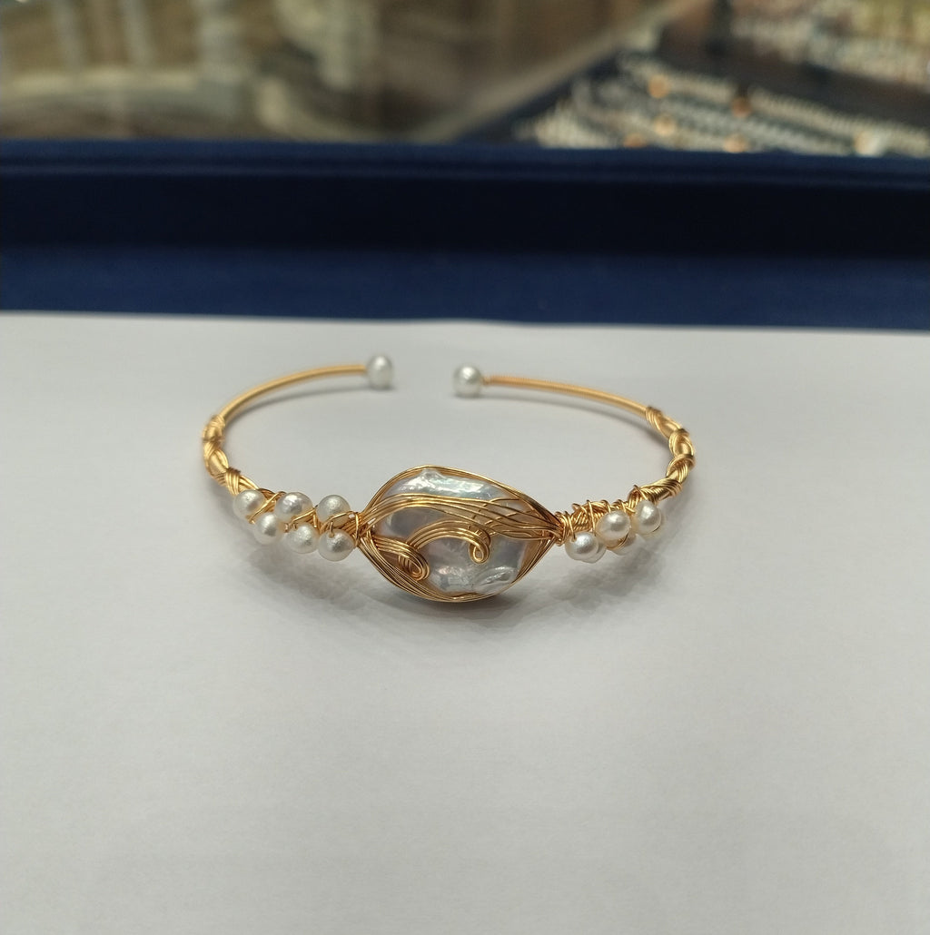 Centerpiece Baroque Pearl Wire-Wrapped Gold Tone Cuff Bracelet