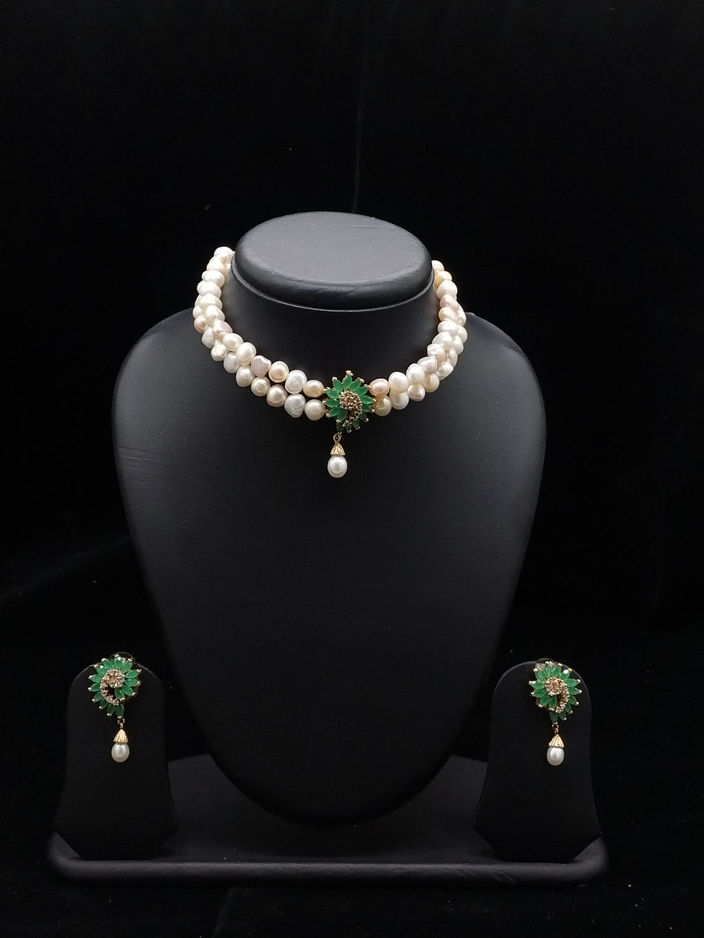 The Emerald Lotus: 2-Line Irregular Pearl & Green Stone Choker Set