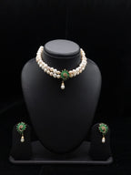 The Emerald Lotus: 2-Line Irregular Pearl & Green Stone Choker Set