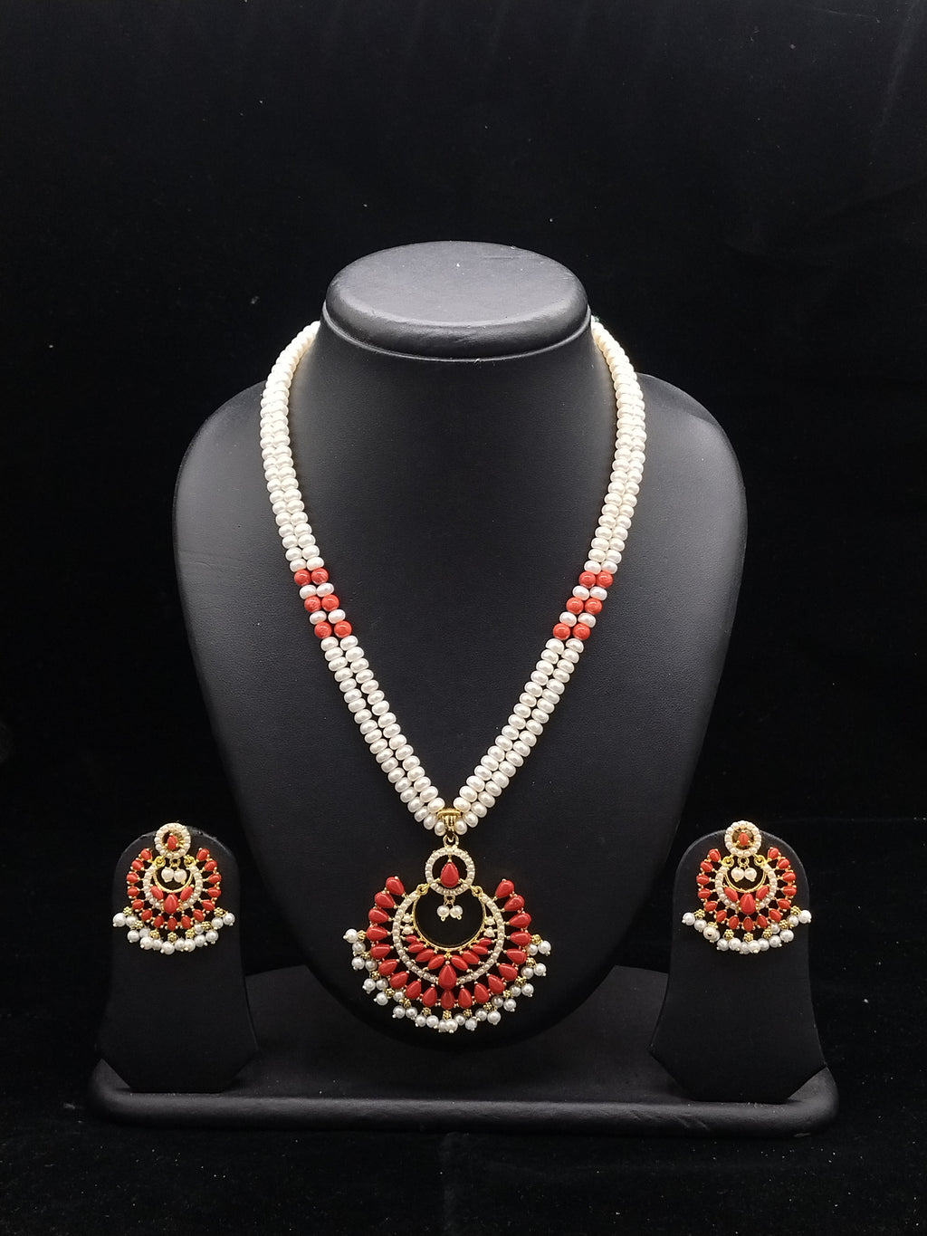 The Scarlet Chandbali: 2-Line Flat Pearl Necklace with Coral Pendant Set