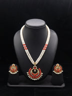 The Scarlet Chandbali: 2-Line Flat Pearl Necklace with Coral Pendant Set