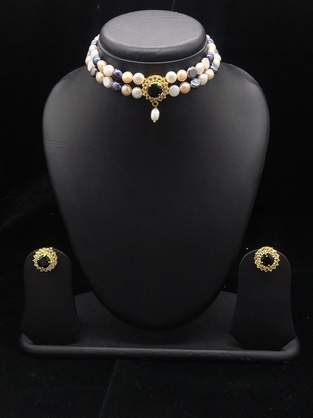 The Midnight Noir: 2-Line Multi-Tone Button Pearl & Onyx-Black Choker Set