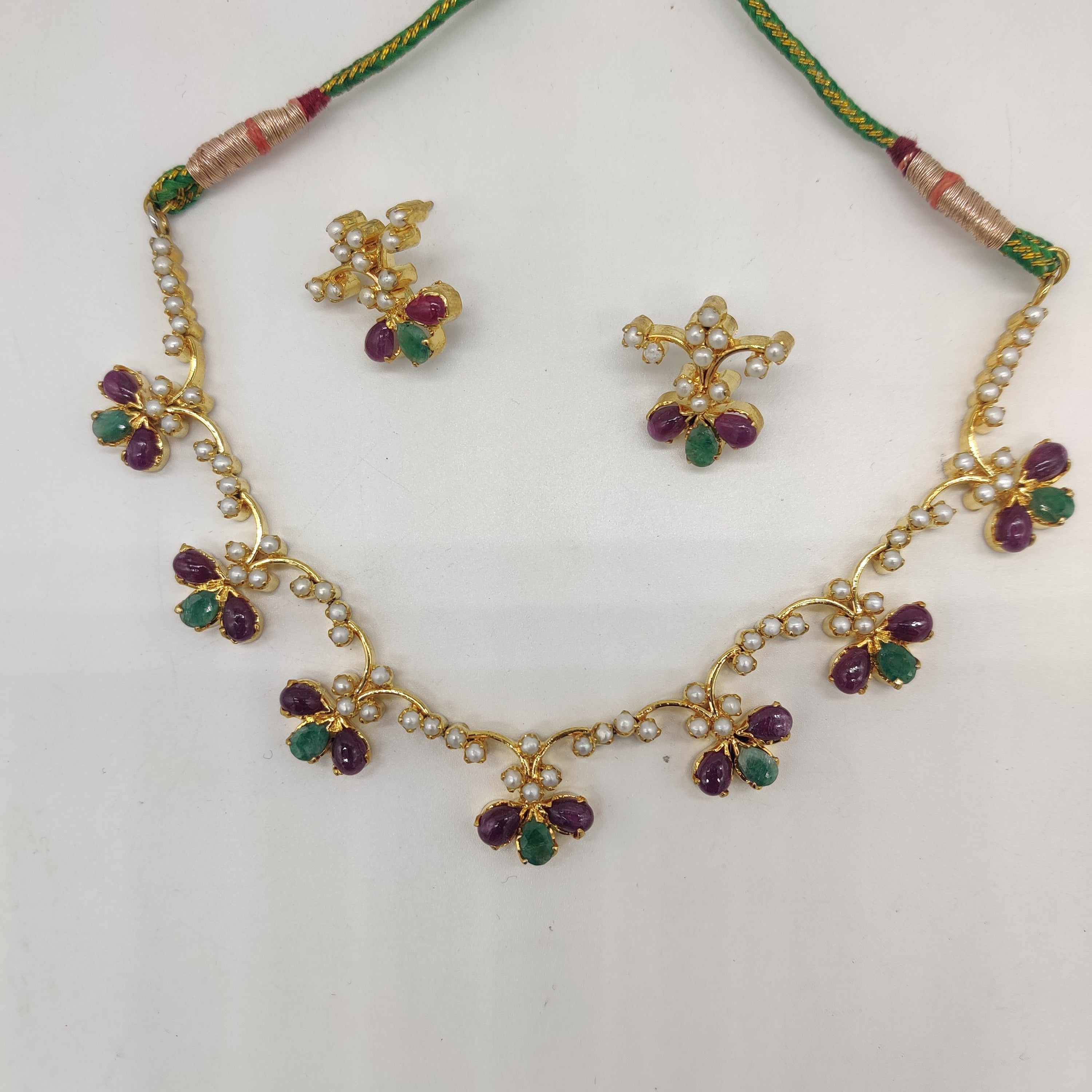 Pearl Ruby Emerald Necklace Set