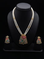 Majestic Flora Meena: 2-Row Flat Pearl Necklace with Matching Jhumka-Style Studs